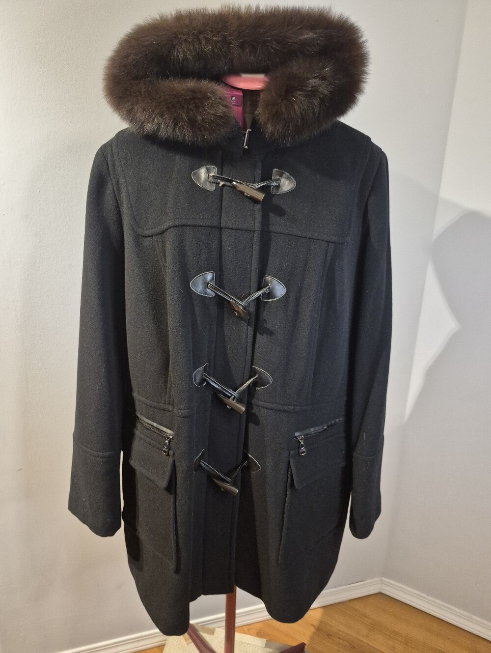 Marc New York by Andrew Marc Black Wool Duffle Coat –Size 2X – Real Fox Fur Hood